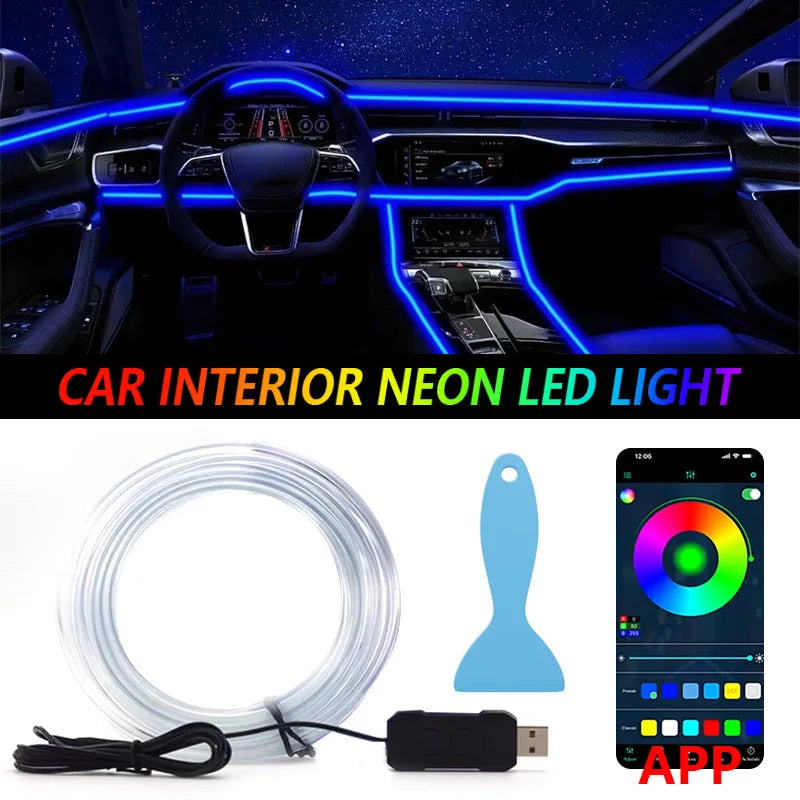 شريط إضاءة LED سيليكون واضح مع موصل وتطبيق هاتف ذكي لإضاءة داخل السيارة.