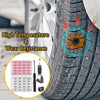 A close-up of a car tyre showing damage and a set of puncture repair tools for high temperature and wear resistance.