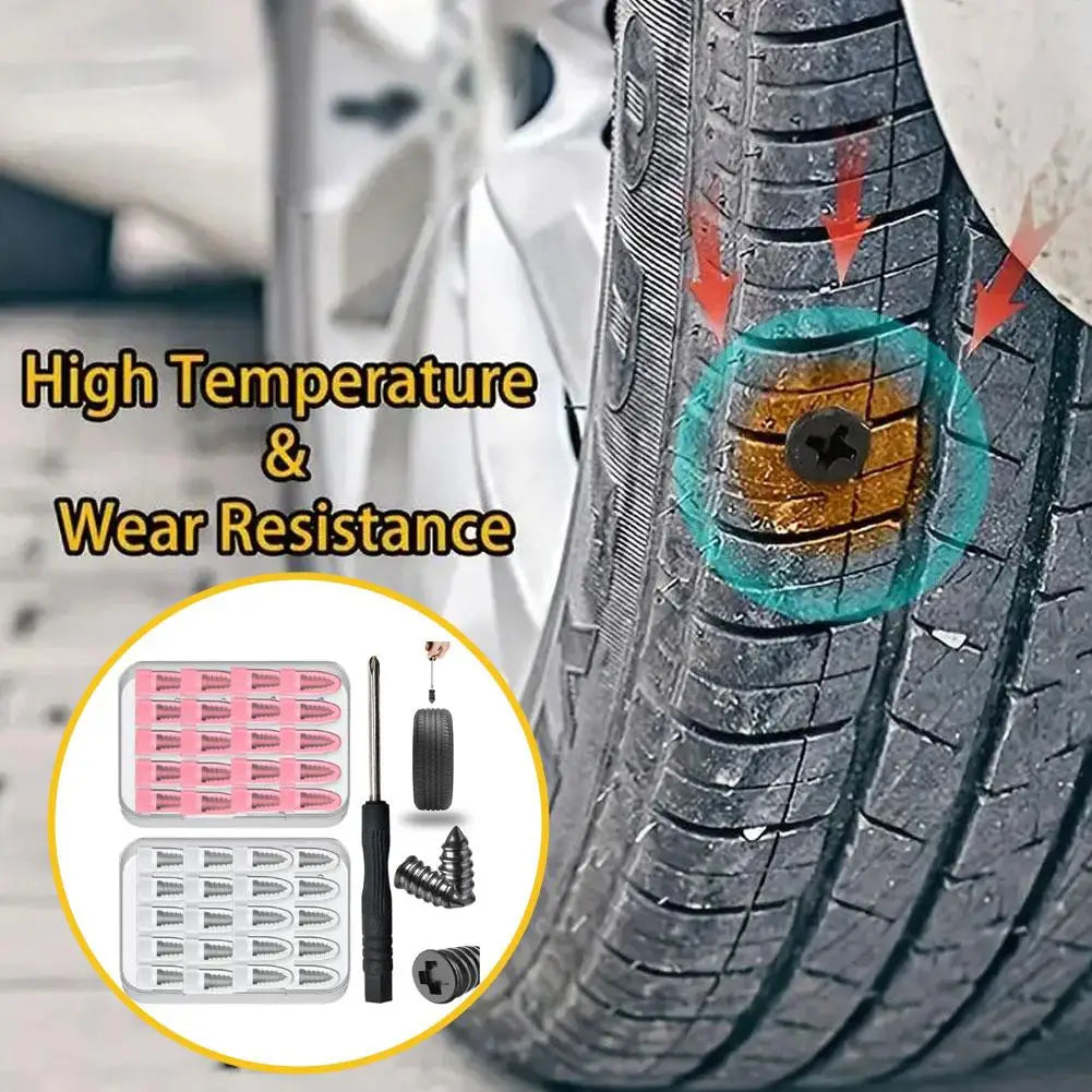 A close-up of a car tyre showing damage and a set of puncture repair tools for high temperature and wear resistance.