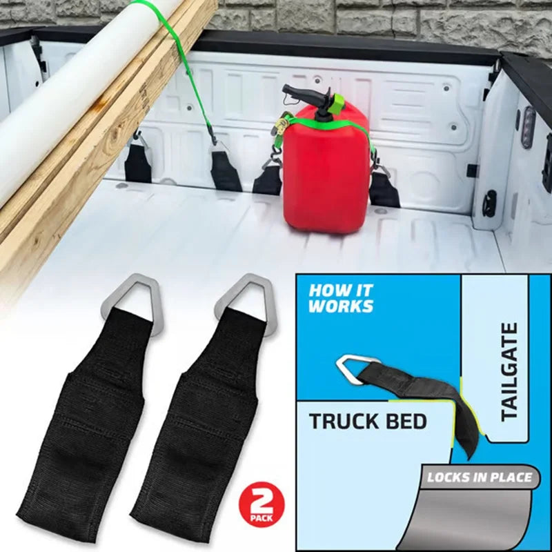 Two black heavy-duty bed anchors are shown with a red bag inside a truck tailgate.