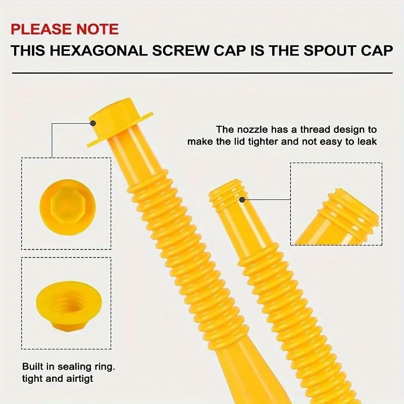 A yellow hexagonal screw cap spout replacement nozzle adapter with a built-in sealing ring.