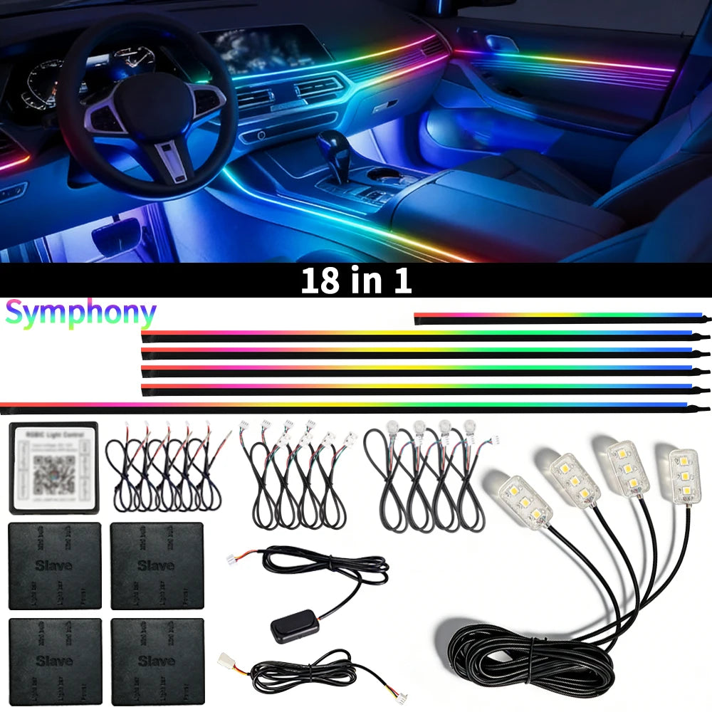 Sammlung von 18-in-1 RGB Ambient-LED-Streifen und Komponenten für die Karossideinnereinrichtung.