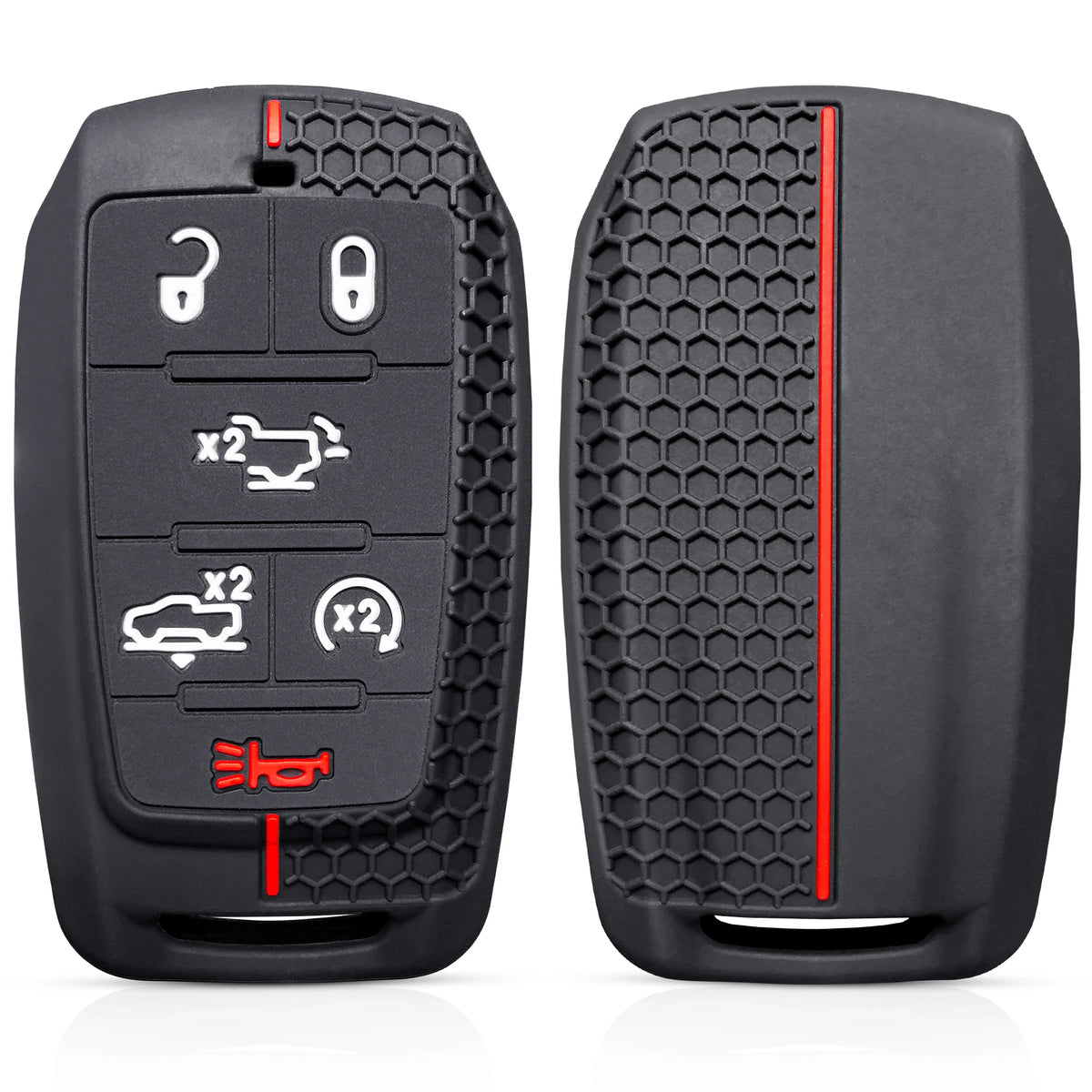 Black silicone key fob cover for a Dodge Ram 1500/2500/TRX vehicle with various buttons.