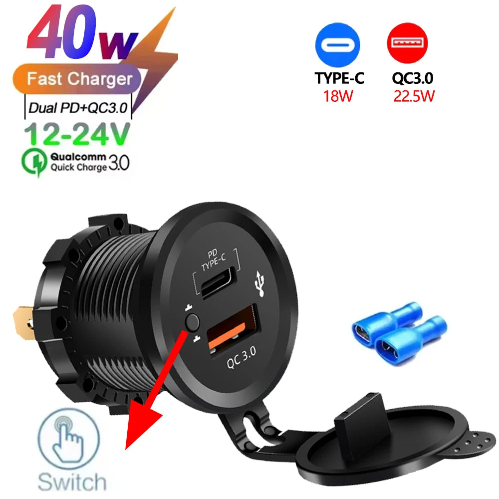 Black multi-port PD/QC car charger adapter with a switch and output ports