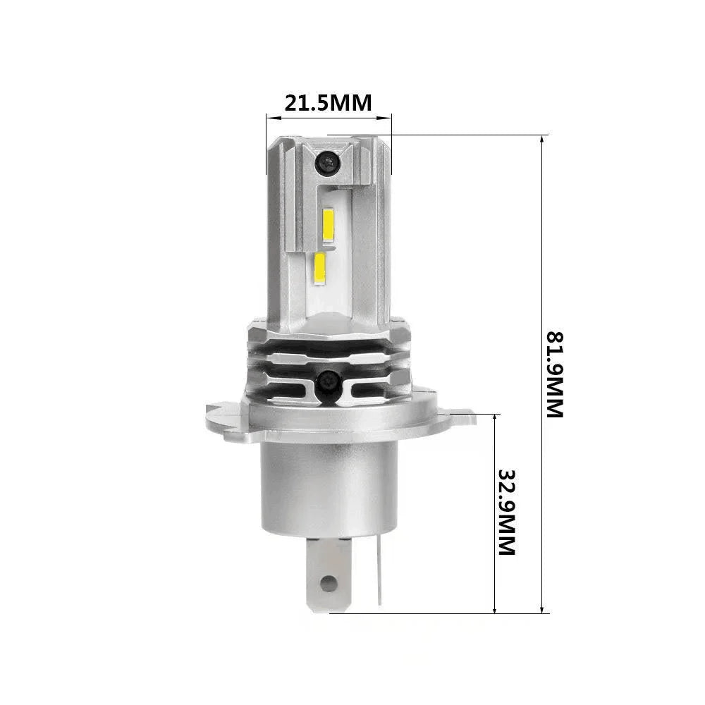 A side view of a high-performance H4/H7 LED headlight bulb with dimensions marked.