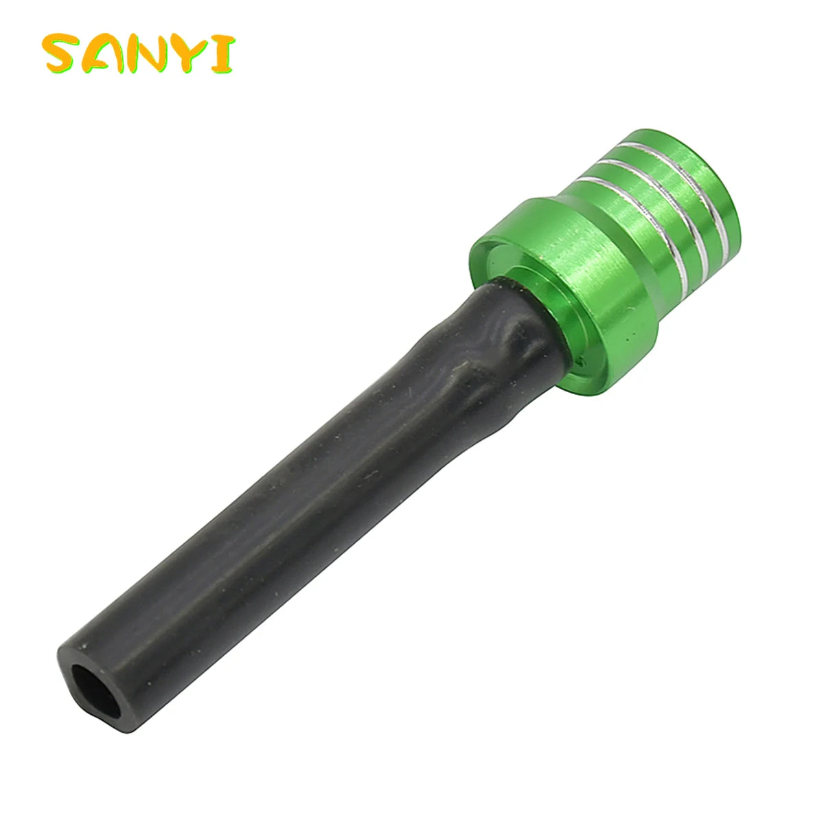 A black fuel vent breather hose with a green threaded fitting for motorcycles.
