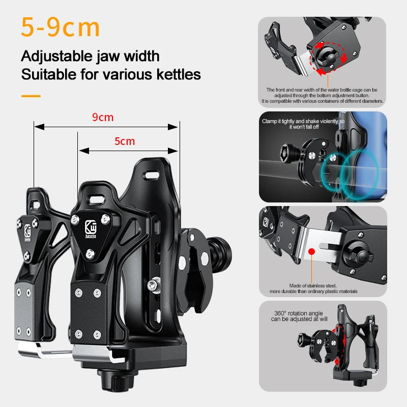 Black adjustable jaw width motorcycle drink holder clamp designed for various bottles
