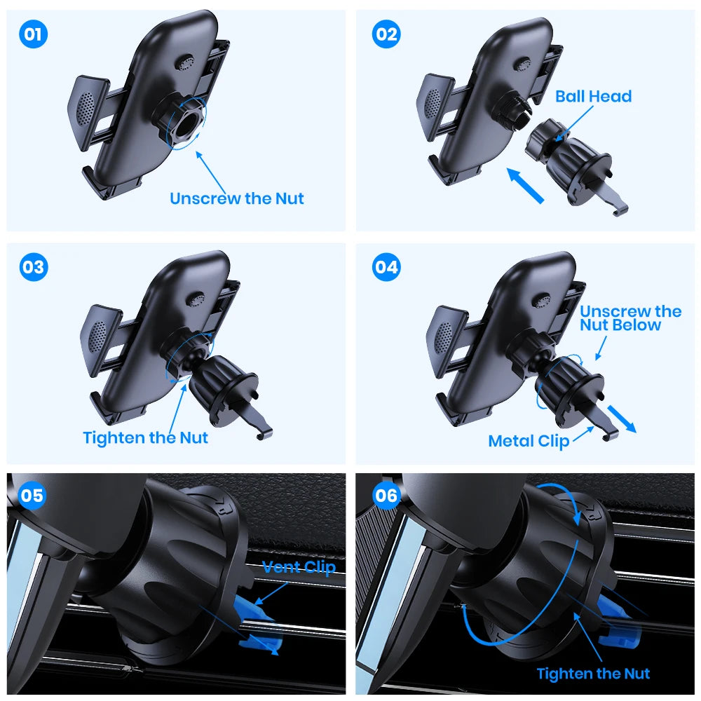 Step-by-step instructions showing how to install and tighten a 360° rotating car air vent phone holder.