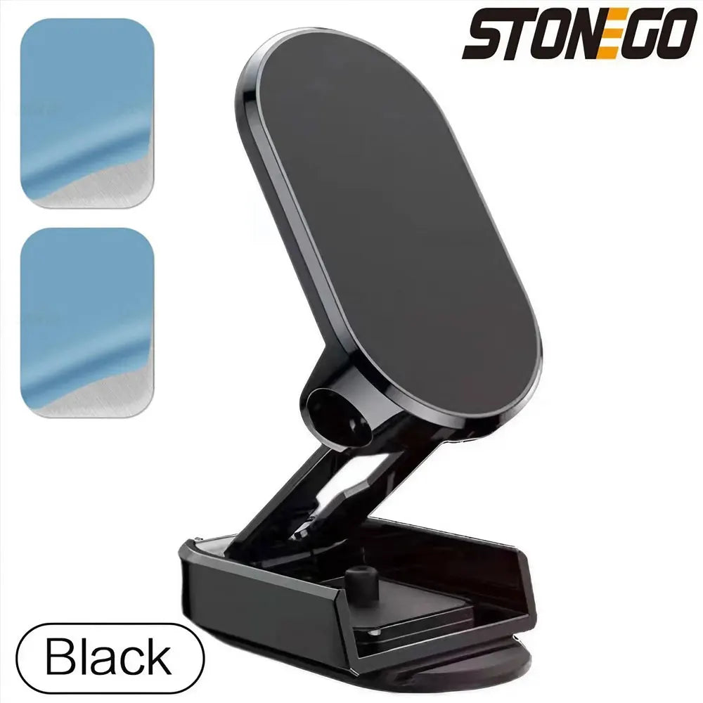 Support magnétique robuste noir avec maintien de téléphone argenté, vues variées.