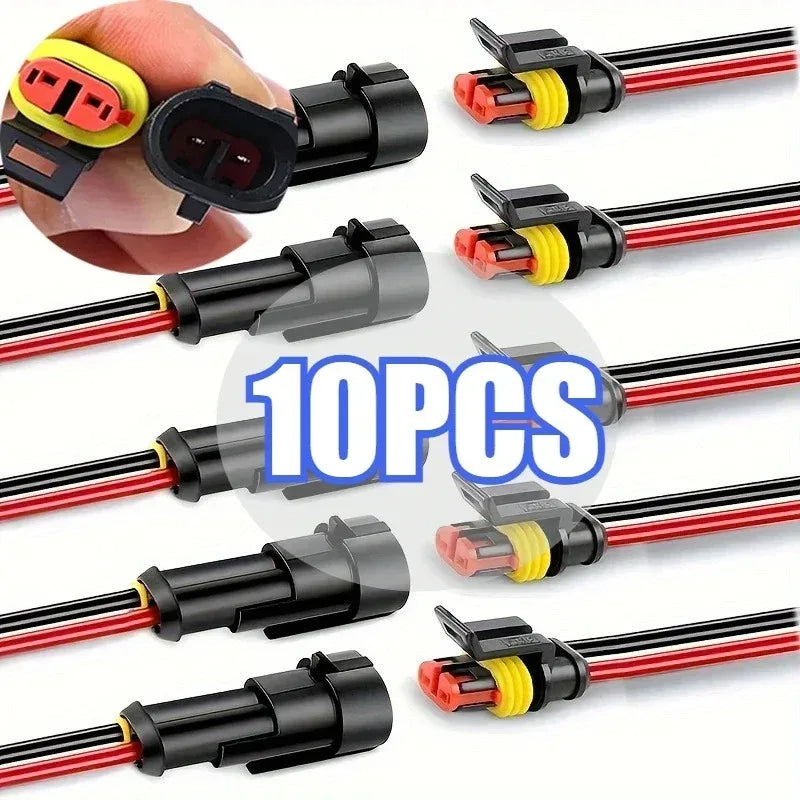 A collection of ten durable black wire connectors with red and yellow insulation for automotive and marine use.