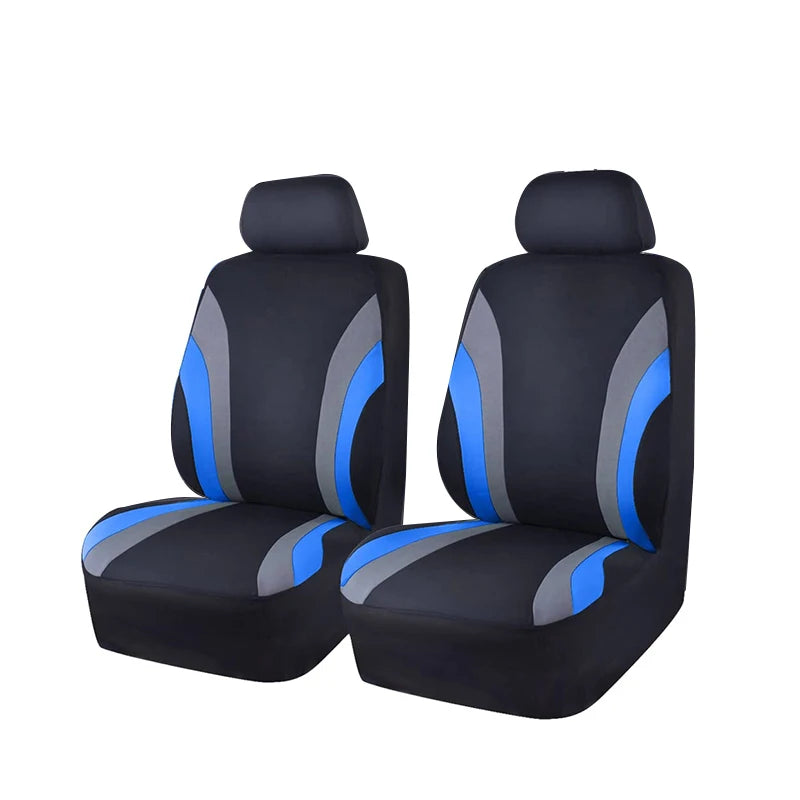 Black car seat covers with blue accents and headrests shown in a side view.