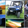 A collection of off-road lighting products including a red Jeep, a blue off-road vehicle, a boat with lights, a silver RV, an