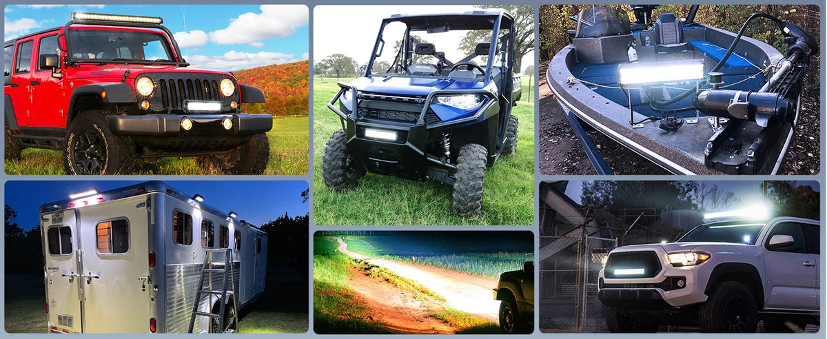 A collection of off-road lighting products including a red Jeep, a blue off-road vehicle, a boat with lights, a silver RV, an