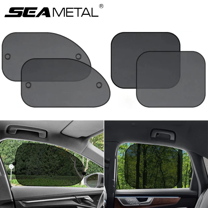 Black car side window sunshade curtains with suction cup mounting shown in a vehicle interior.