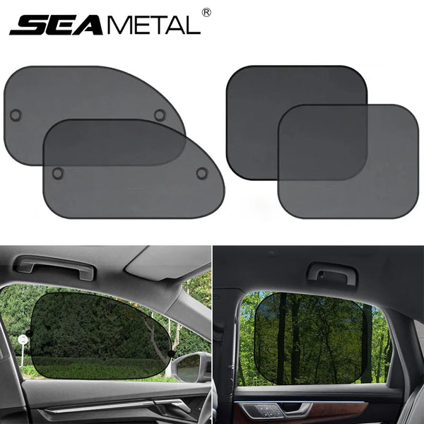 Black car side window sunshade curtains with suction cup mounting shown in a vehicle interior.