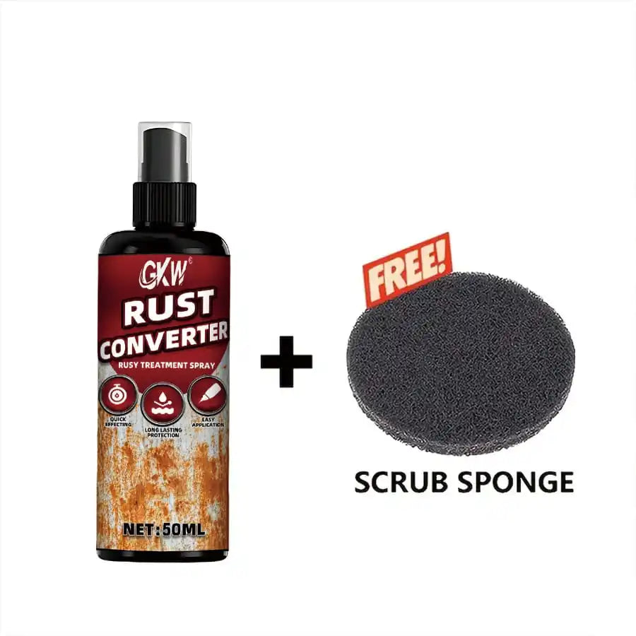 A bottle of GKW Rust Converter spray next to a free scrub sponge for rust treatment.