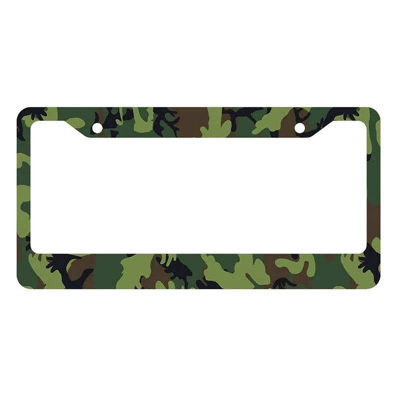 A license plate cover featuring a camouflage pattern designed to fit a standard license plate.