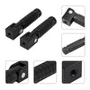 Close-up views of black foldable aluminum alloy foot pegs for vehicles showing various angles and details.