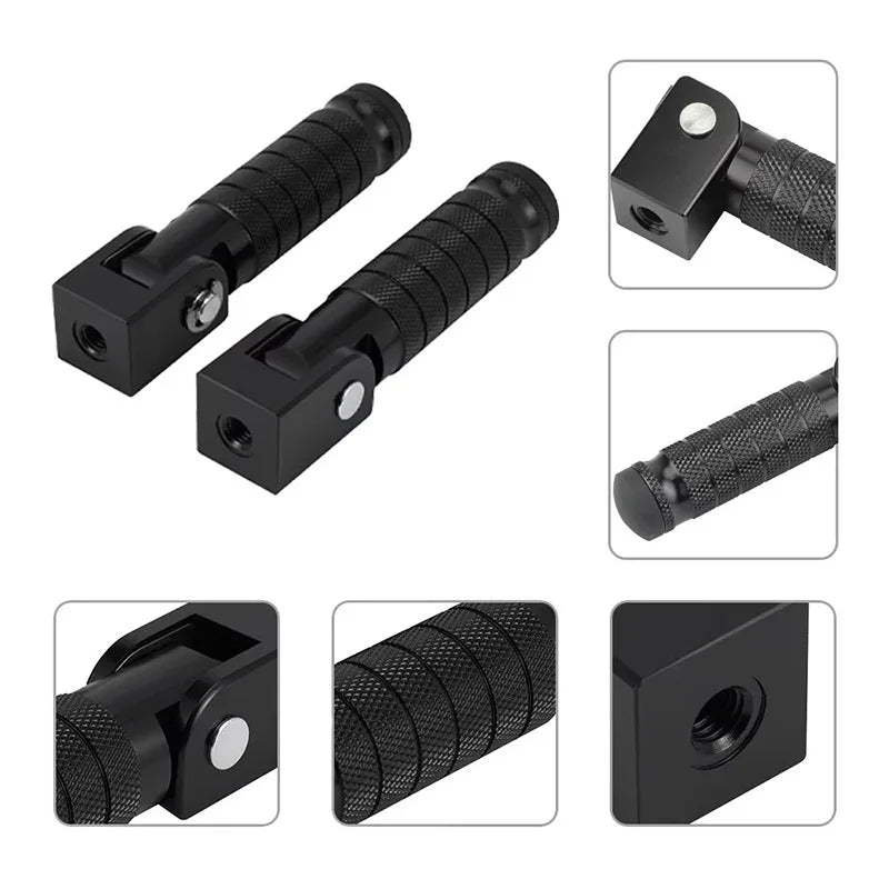 Close-up views of black foldable aluminum alloy foot pegs for vehicles showing various angles and details.