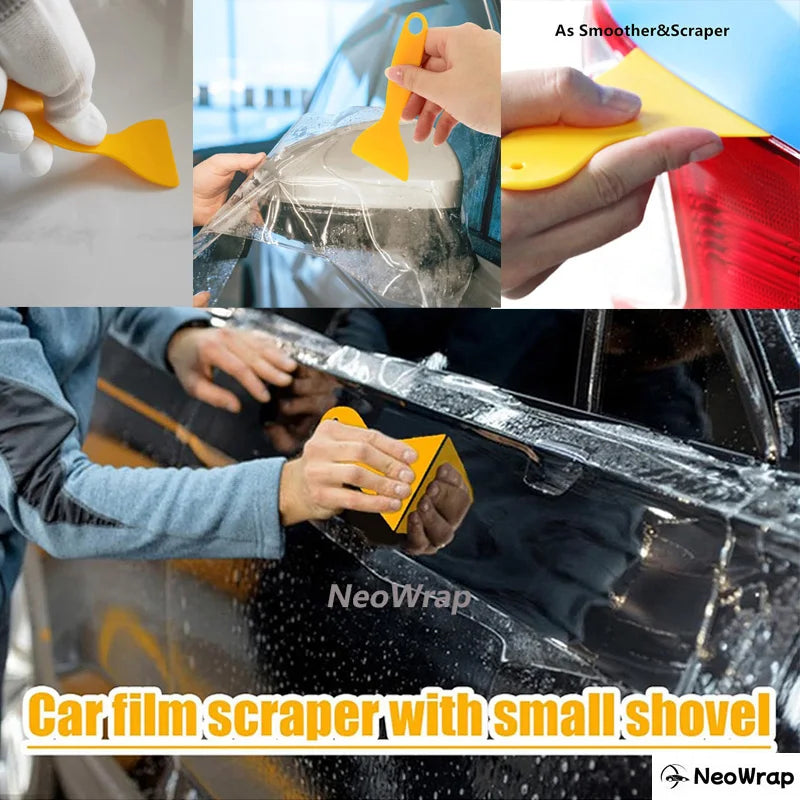 A hand using a yellow film scraper with a small shovel to remove car film from a window.