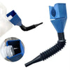 A blue car and motorcycle oil funnel tool with a flexible black nozzle and a plastic funnel component.