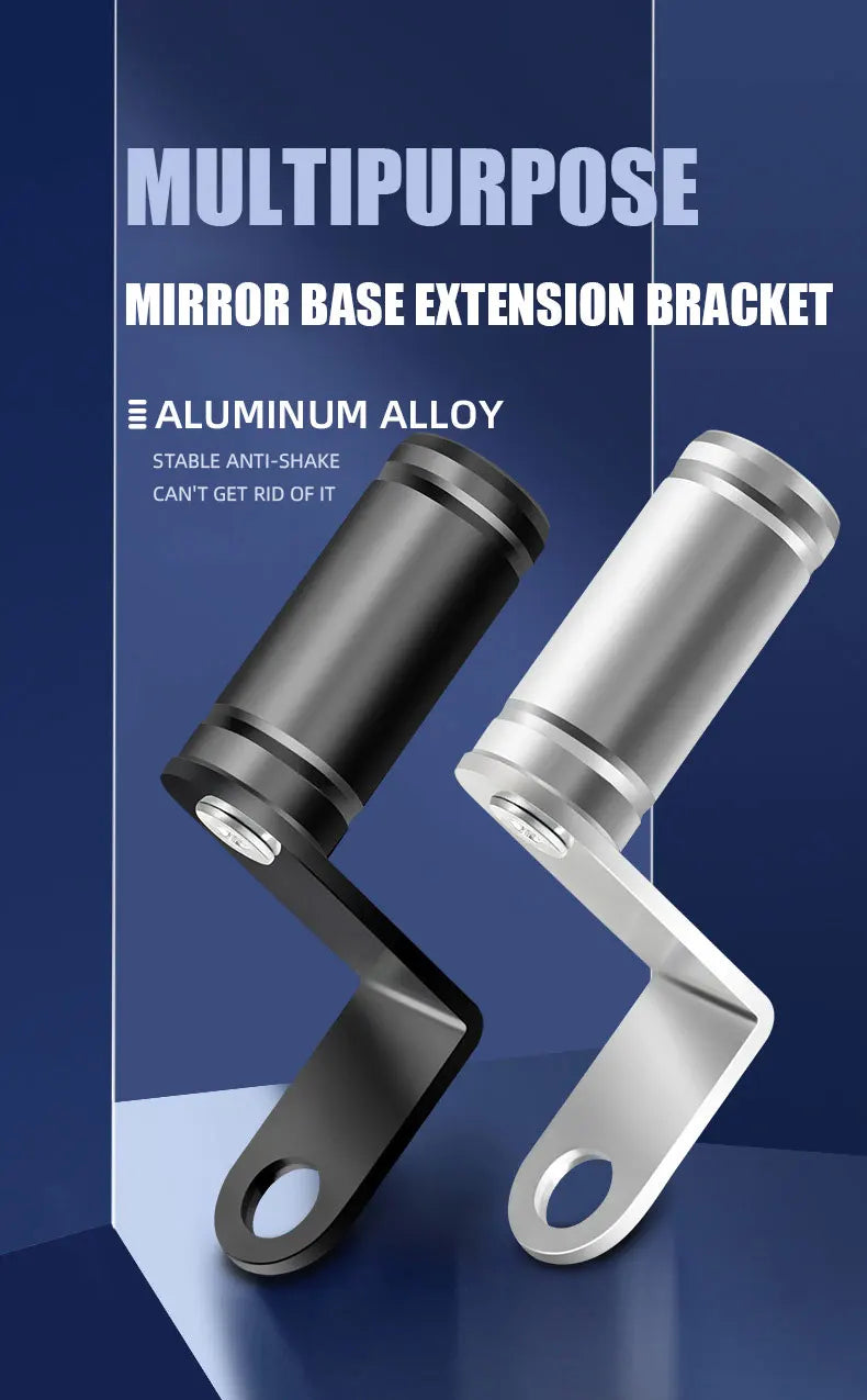 A silver aluminum alloy mirror base extension bracket shown in a close-up view.