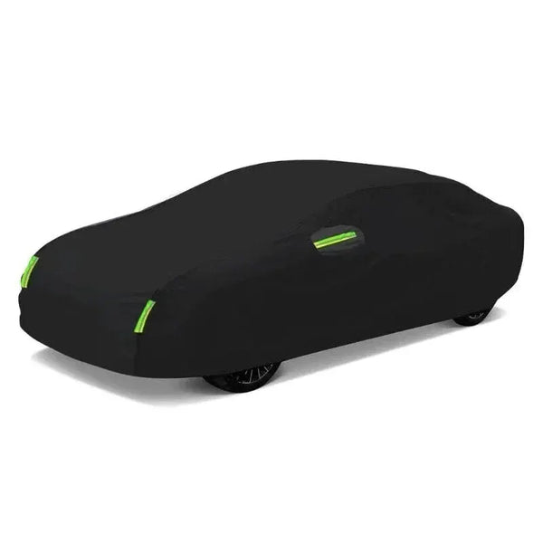 Black universal dustproof car cover with reflective strips shown from the side.