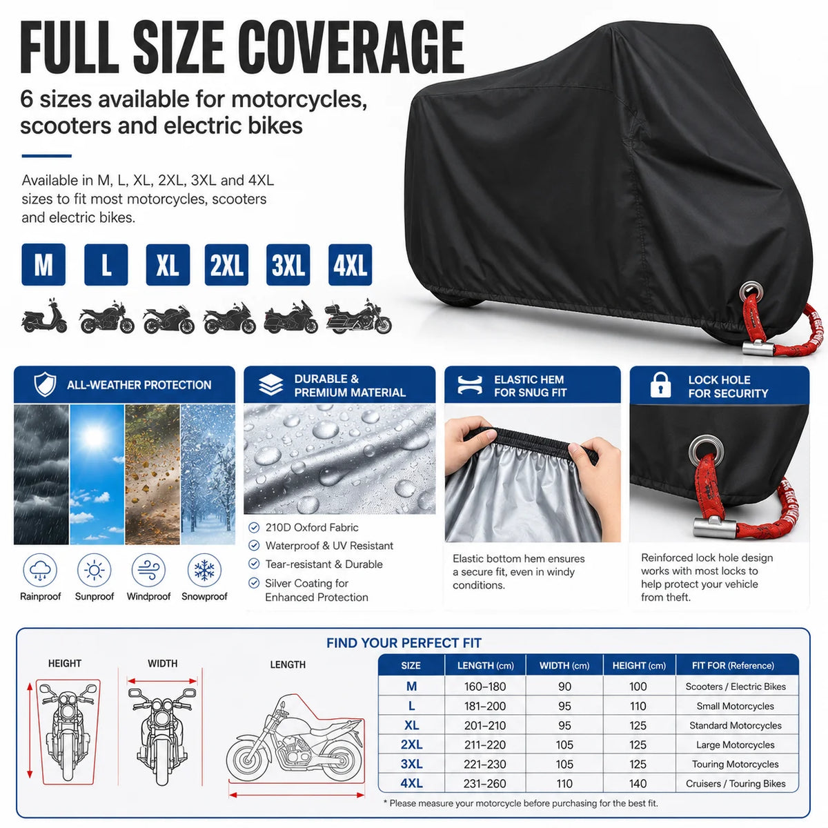 Cubierta impermeable negra de tamaño completo para motocicletas, scooters y bicicletas eléctricas, disponible en varios tamañ