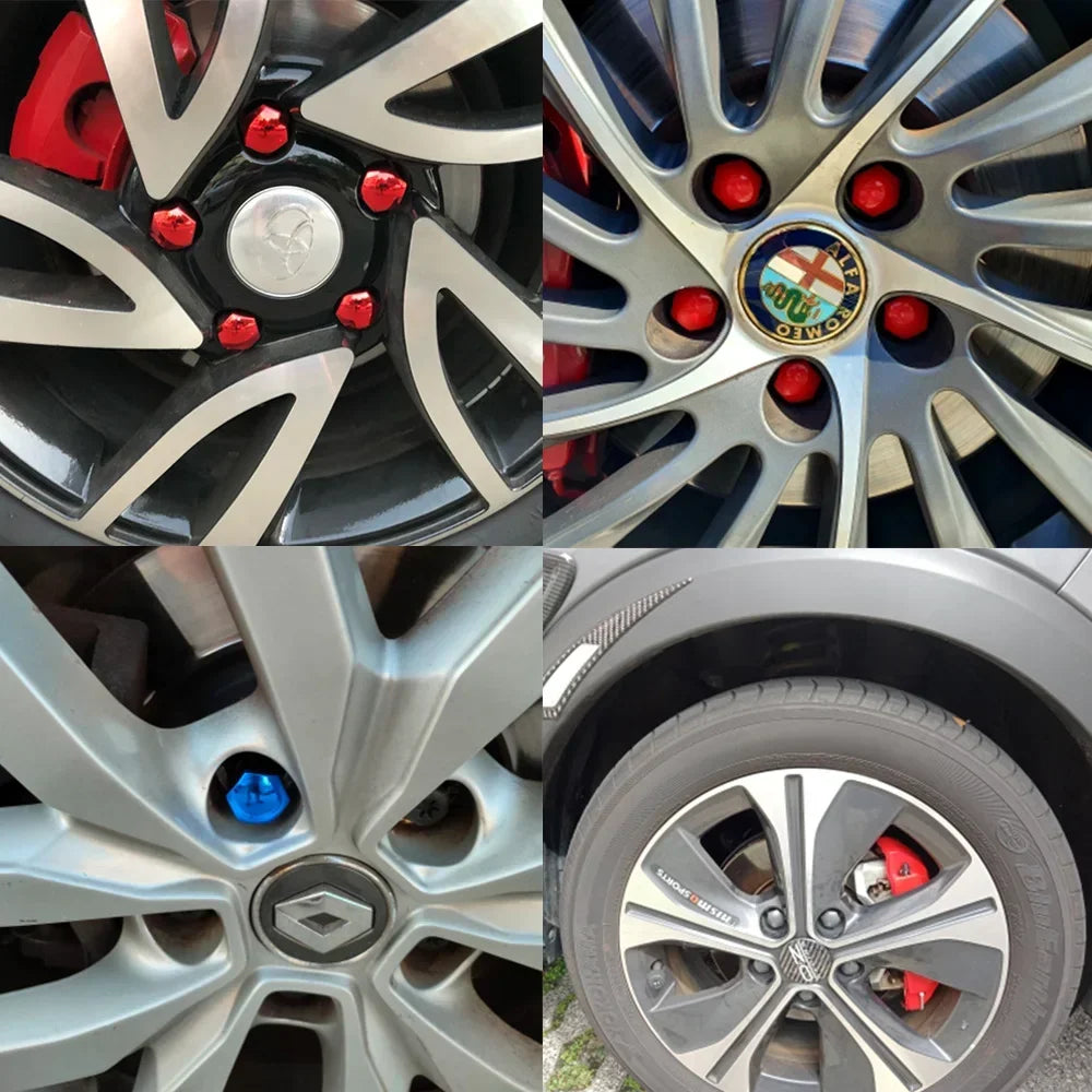 Close-up view of various car wheel nut protection covers on different alloy wheels.