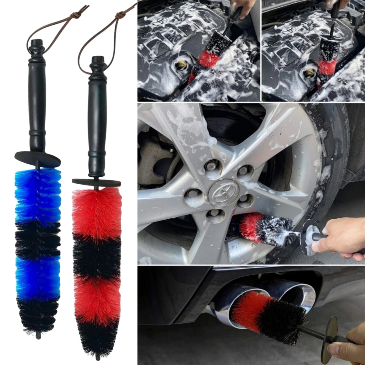 Un ensemble de brosses à long manche pour nettoyer roues et jantes, avec des poils bleus, noirs et rouges.