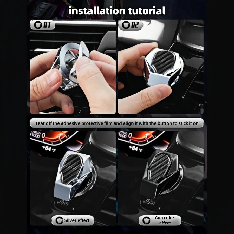 Tutoriel d'installation montrant comment appliquer des autocollants de cache-boutons métalliques décoratifs sur une pièce aut