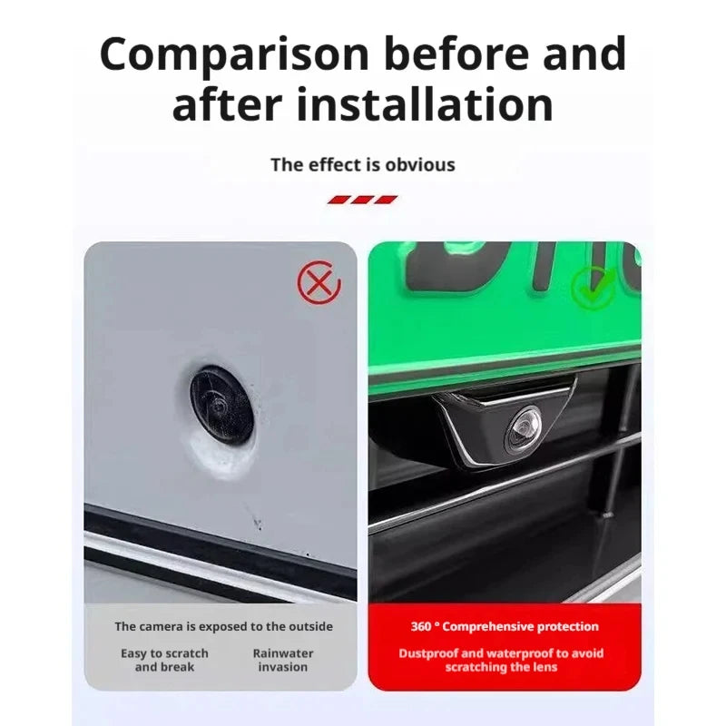 Comparison showing a camera lens before and after installation, highlighting protection features.