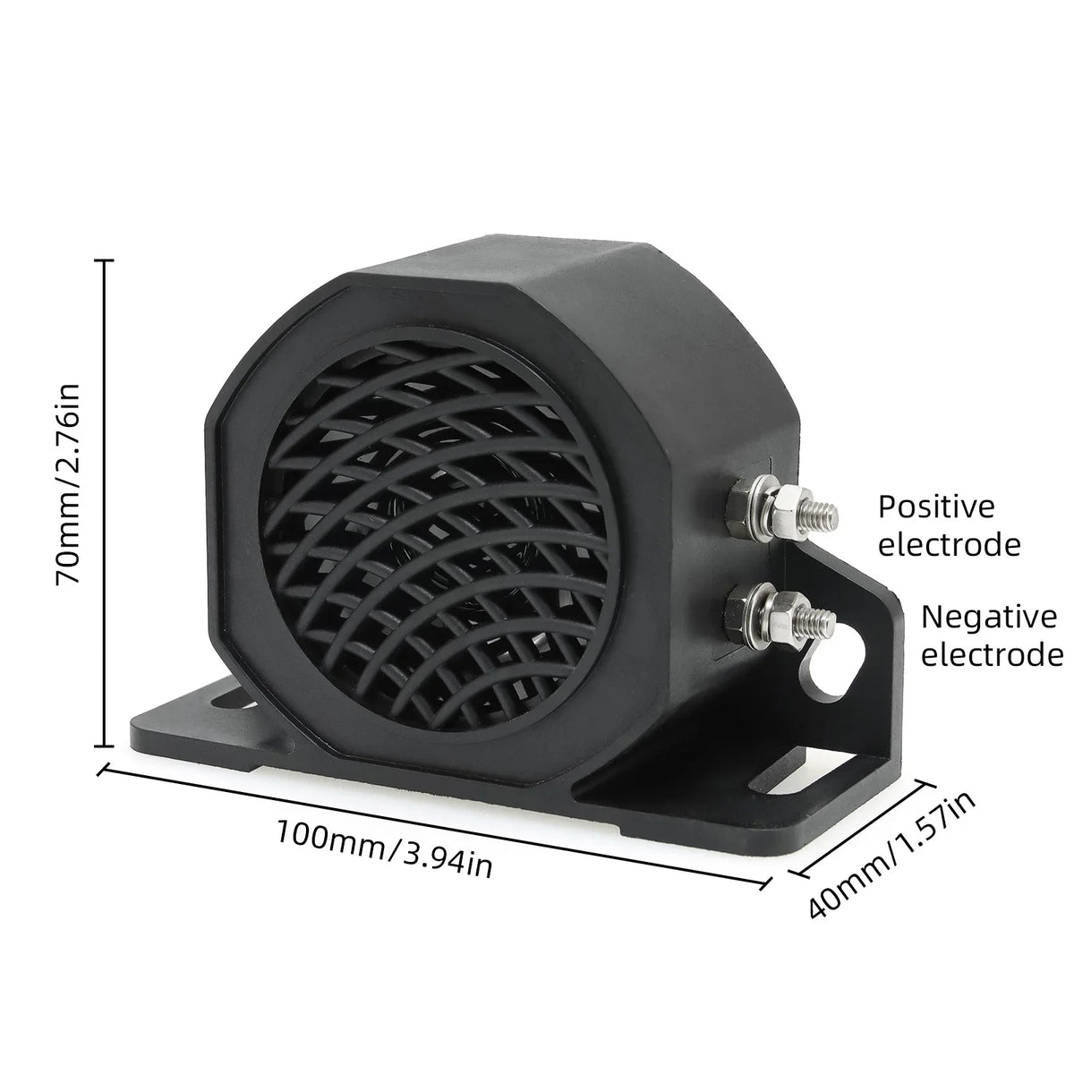 Black high-decibel reversing alarm horn with positive and negative electrodes mounted on a plate