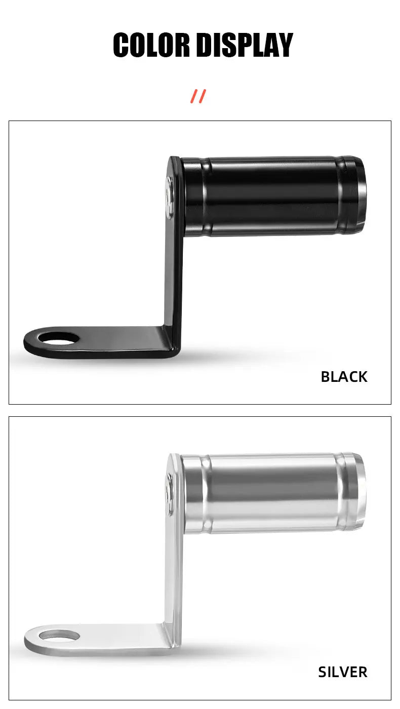 Color display showing a black and silver universal phone holder for motorcycle or bicycle