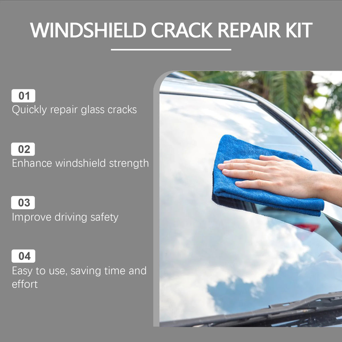 Une main essuie un pare-brise de voiture avec un chiffon bleu, démontrant l'utilisation d'un kit de réparation de fissures.