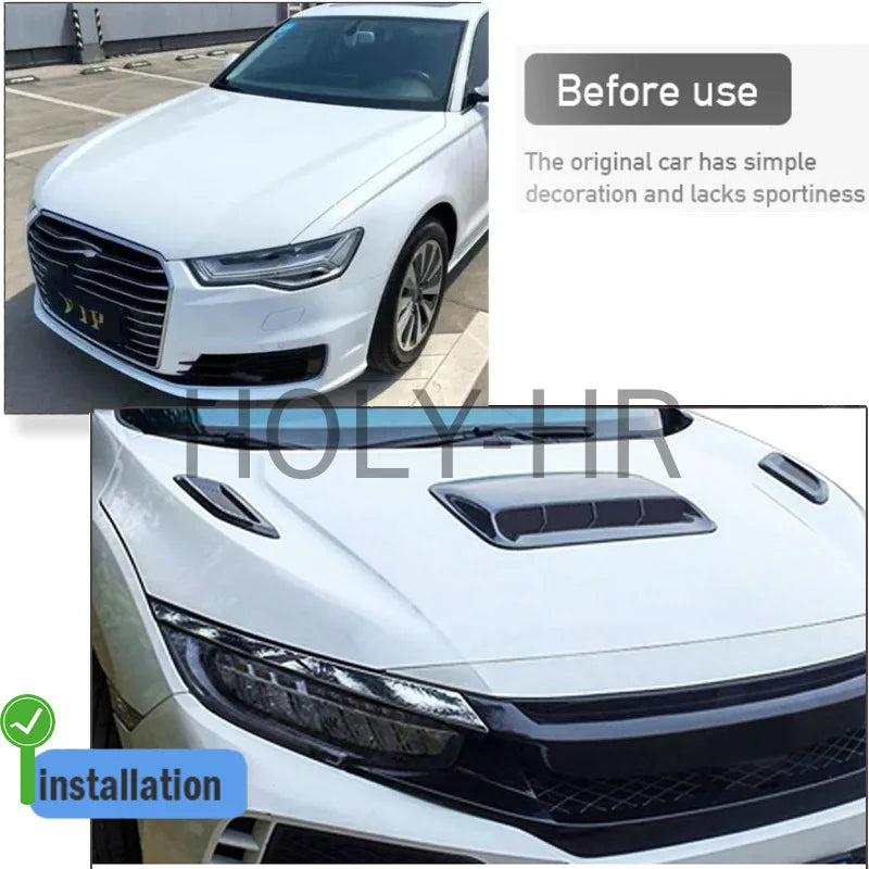 Installation of black universal car hood vent trim on a white vehicle.