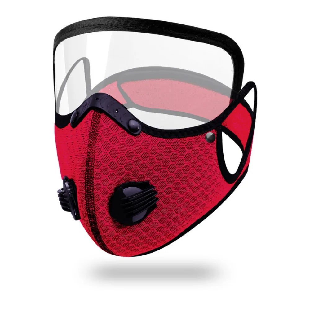 A red mesh face mask with black accents and a clear visor shown from above.
