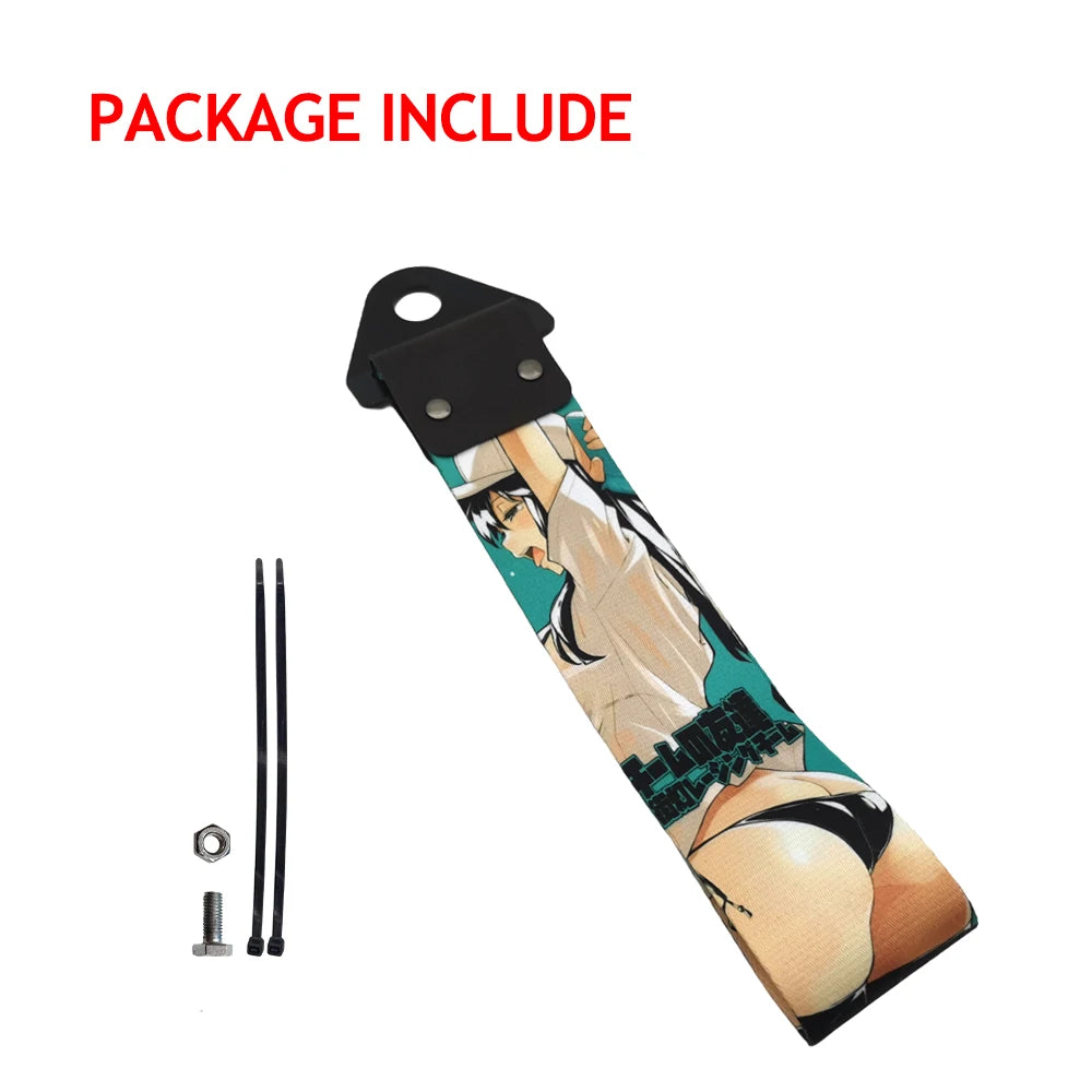 A black universal tow strap with a graphic design featuring a female athlete.