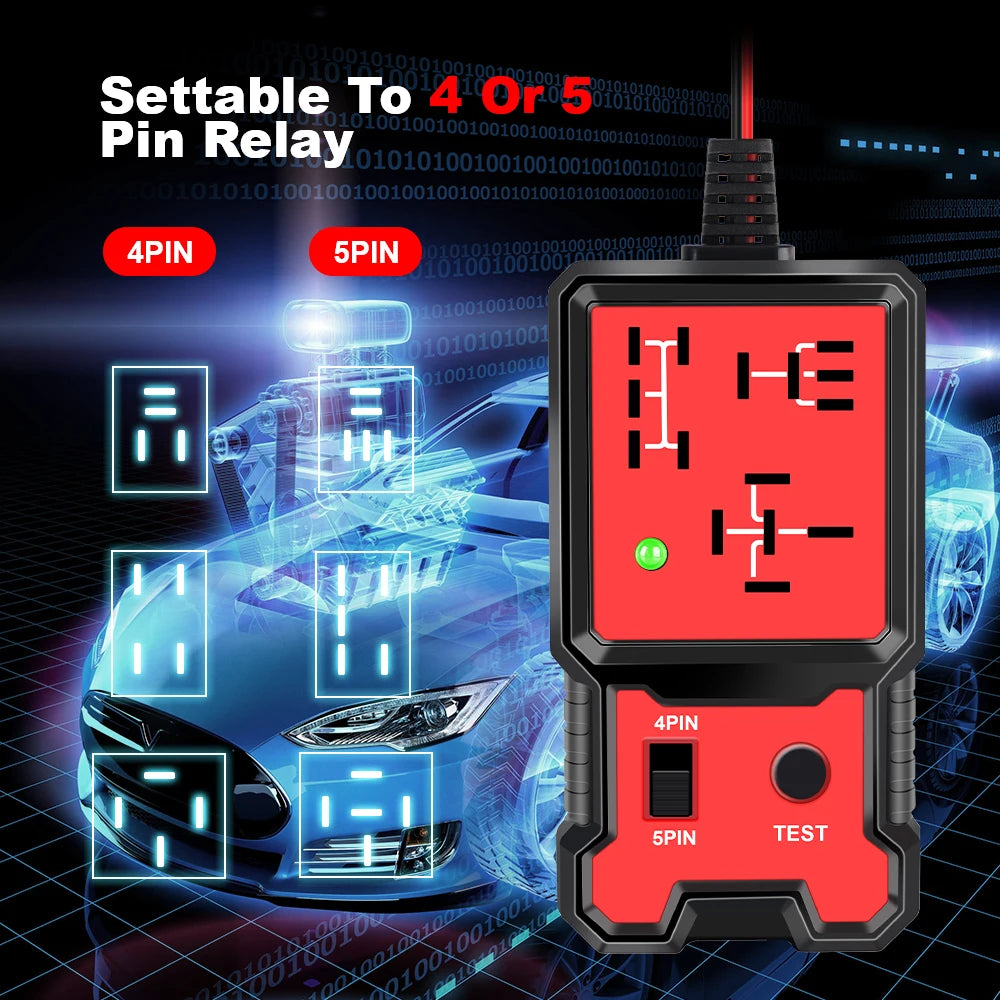 A black pin relay tester device is shown next to a blue car, demonstrating 4-pin or 5-pin relay functionality.