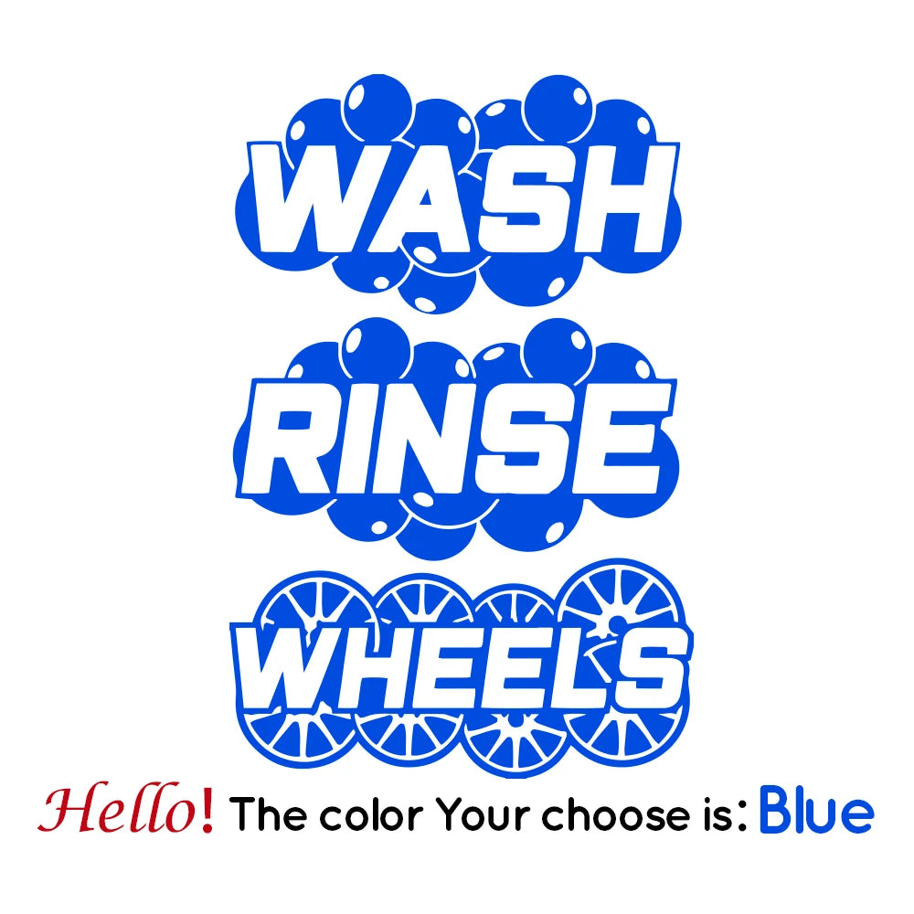 Blue vinyl decal stickers for car detailing buckets featuring the words WASH RINSE WHEELS
