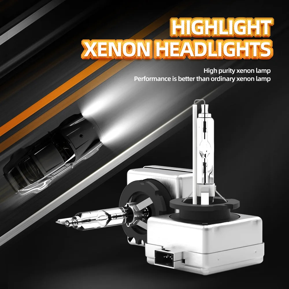A bright xenon headlight bulb is shown next to a white automotive light assembly.