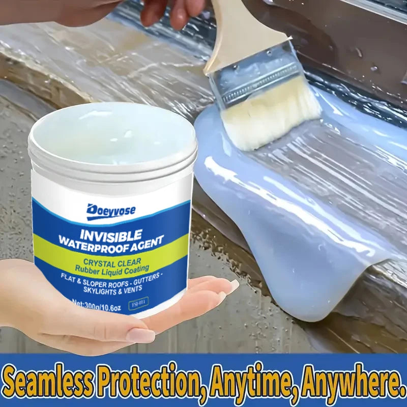 A hand holds a container of Invisible Waterproof Agent liquid sealant being applied to a surface.