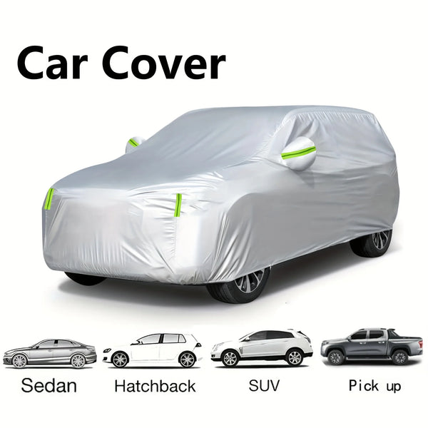A gray waterproof car cover shown over various vehicle types including a sedan, hatchback, SUV, and pickup truck.