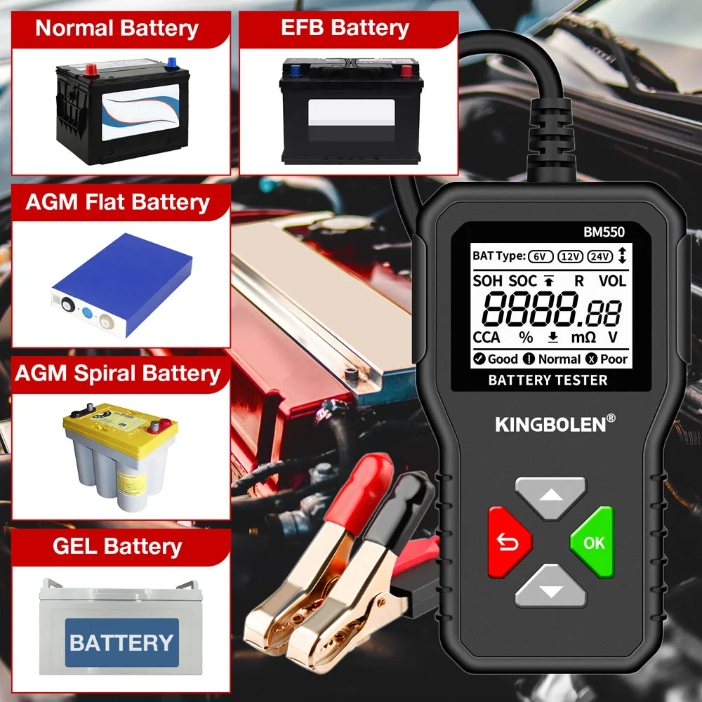 Un testeur de batterie numérique montre divers types de batteries : Normal, EFB, AGM Plat, AGM Spirale et GEL.