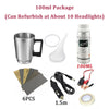 A 100ml package of a complete headlight restoration kit including a metal cup, polishing fluid, and 6 pieces of headlight len