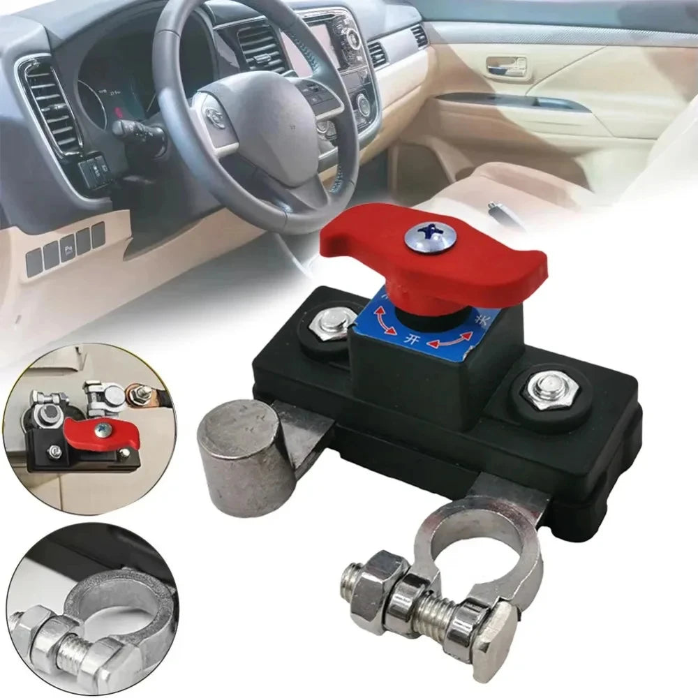 A universal car battery cut-off switch with a red handle and metal clamp shown alongside a car interior view.