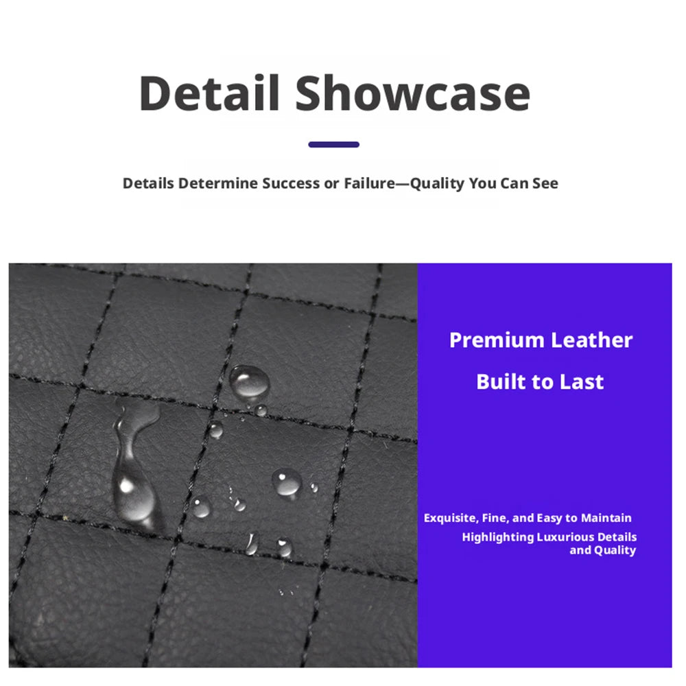 Close-up of premium black leather material showing fine grain and quality stitching.