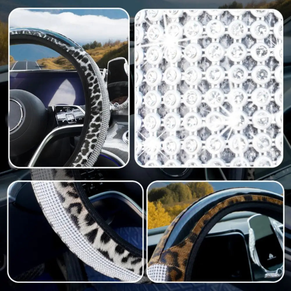 Close-up view of various leopard print steering wheel covers with rhinestone accents.