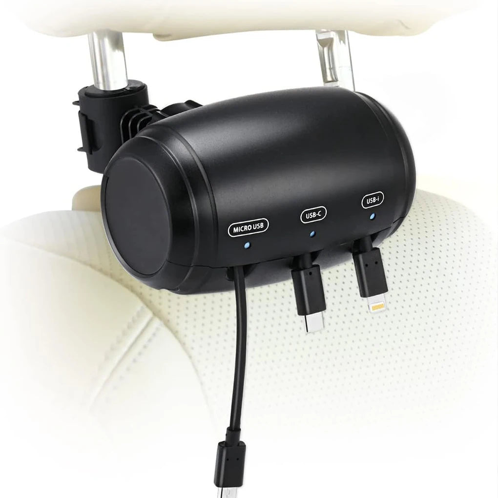 A black retractable car headrest charging cable is shown connected to a white seat cushion.