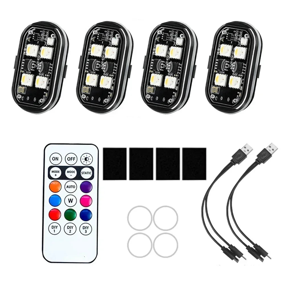 Multiple views of multi-mode RGB strobe warning lights for vehicles and drones with wiring harnesses
